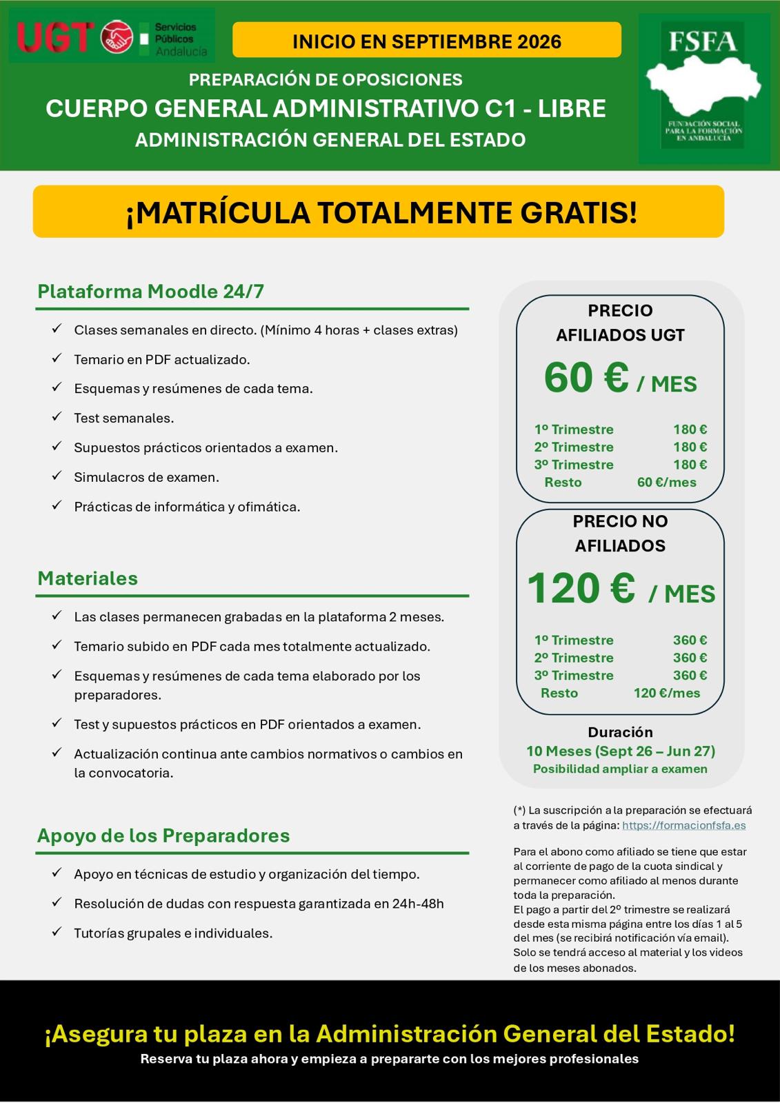 UGT ofrece preparación para las oposiciones de Administrativo C1 y Auxiliar Administrativo C2 de la Administración General del Estado
