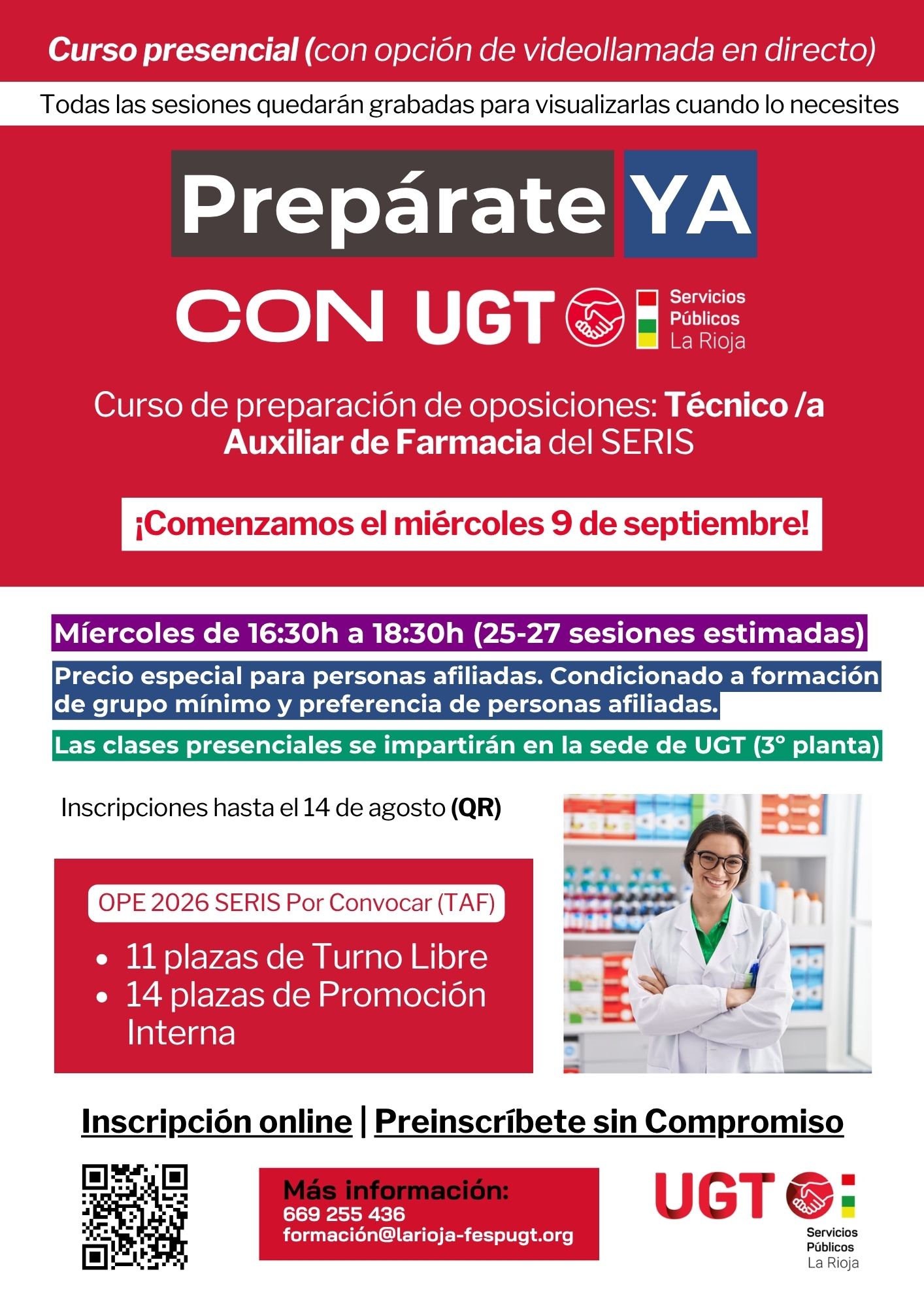 UGT abre las inscripciones para el curso de preparación de oposiciones de Técnica/o Auxiliar de Farmacia (TAF) del SERIS